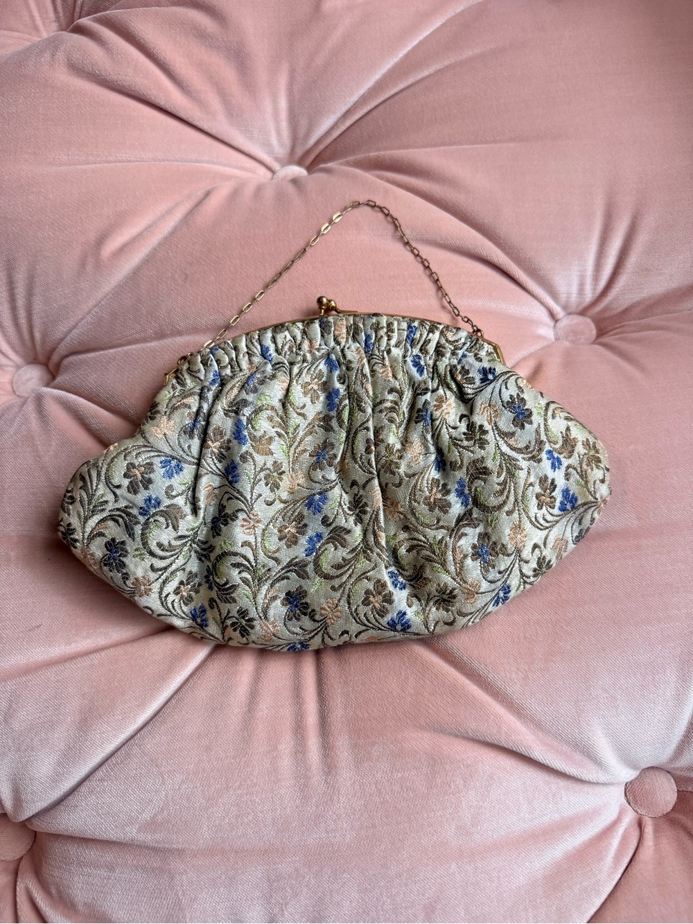 Elegant Floral Tapestry Clutch Handbag in Beige and Blue